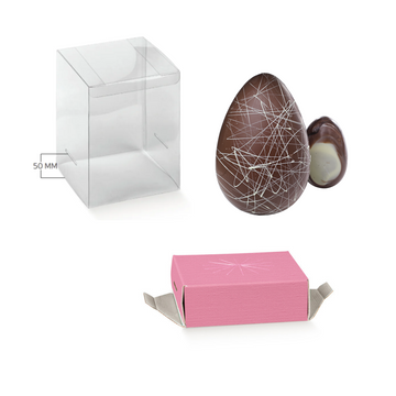 Base per scatola fucsia con finestra porta uovo di cioccolato, e uovo di cioccolato